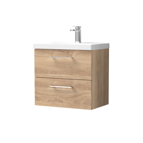 Nuie Arno Bleached Oak 600mm Wall Hung 2 Drawer Vanity Unit & Basin