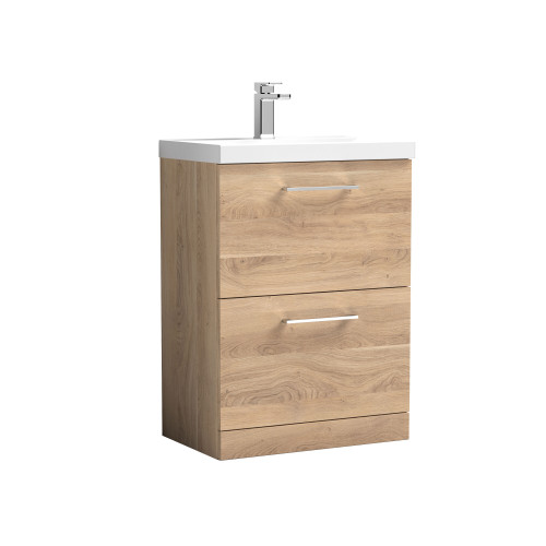 Nuie Arno Bleached Oak 600mm Floor Standing 2 Drawer Vanity Unit & Basin