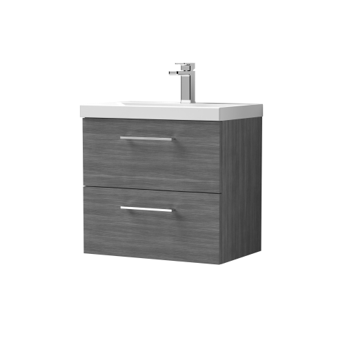 Nuie Arno Anthracite Woodgrain 600mm Wall Hung 2 Drawer Vanity Unit & Basin