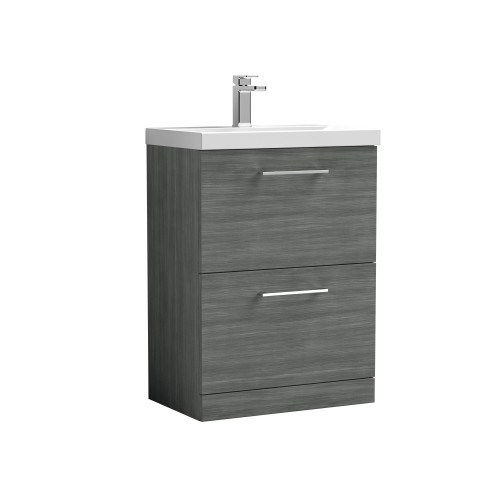 Nuie Arno Anthracite Woodgrain 600mm Floor Standing 2 Drawer Vanity Unit & Basin