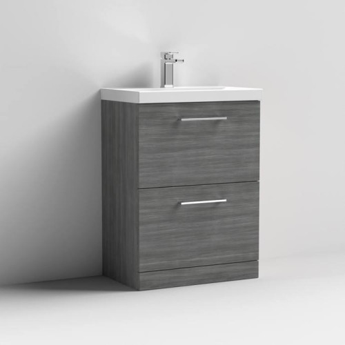 Nuie Arno Anthracite Woodgrain 600mm Floor Standing 2 Drawer Vanity Unit & Basin