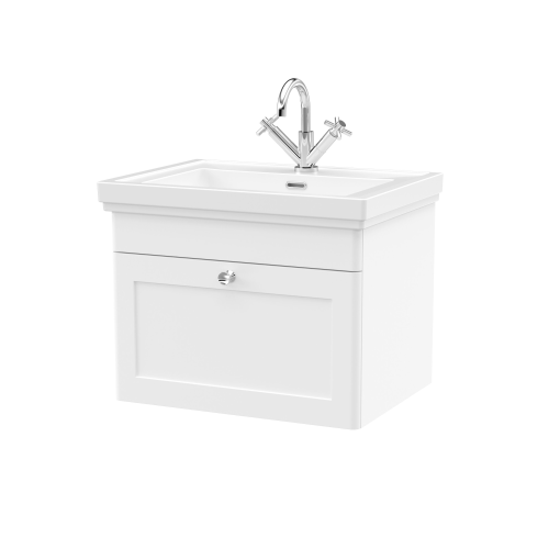 Nuie Classique Satin White 600mm 1-Drawer Wall Hung Vanity Unit & Basin