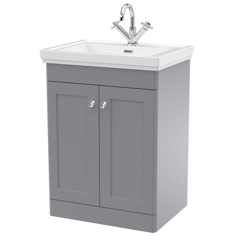 Nuie Classique Satin Grey 600mm 2-Door Floor Standing Vanity Unit & Basin