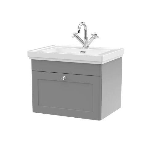 Nuie Classique Satin Grey 600mm 1-Drawer Wall Hung Unit & Basin