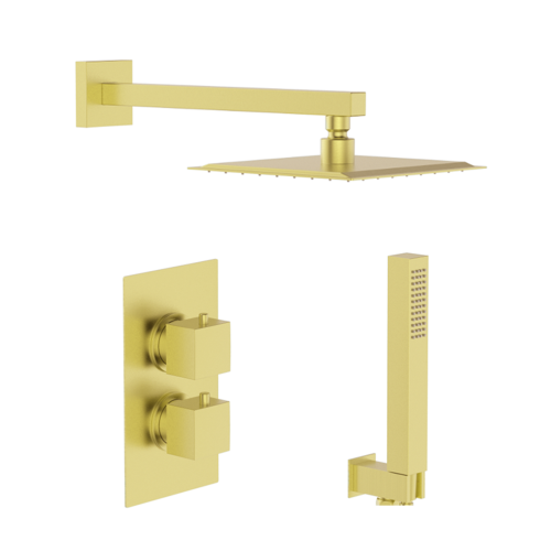 Brushed Brass Square Concealed Shower With Arm & Shower Head & Handset Kit