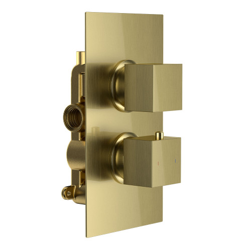 Cube Square Twin Single Outlet Thermostatic Concealed Shower Valve - Brushed Brass