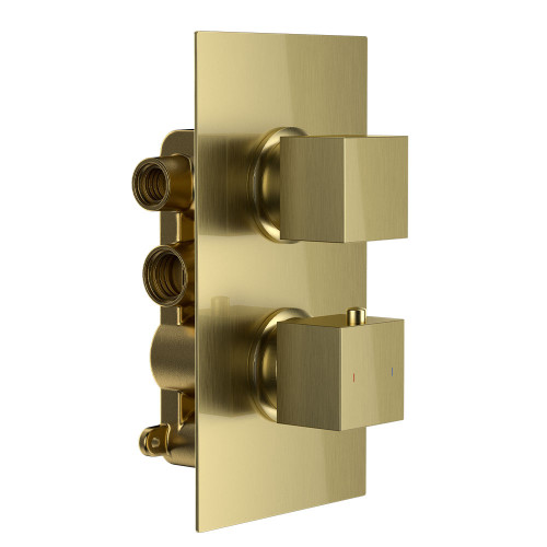Cube Square Twin Two Outlet Thermostatic Concealed Shower Valve - Brushed Brass