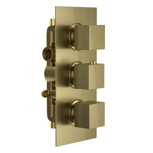 Cube Square Triple Two Outlet Thermostatic Concealed Shower Valve - Brushed Brass