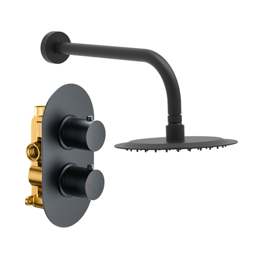 Matt Black Round Concealed Shower With Arm & Shower Head