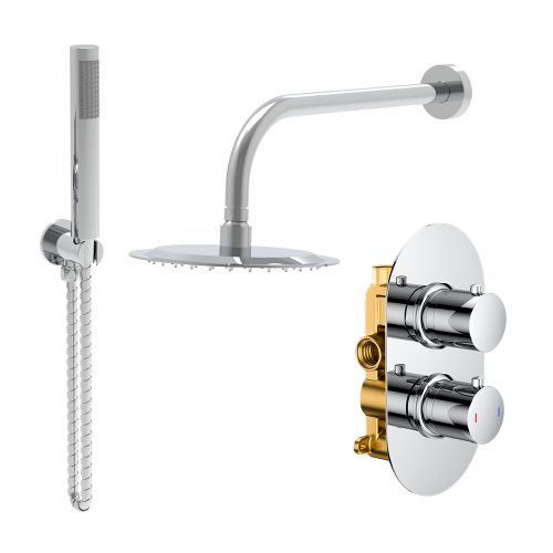 Chrome Round Concealed Shower With Arm & Shower Head & Handset Kit