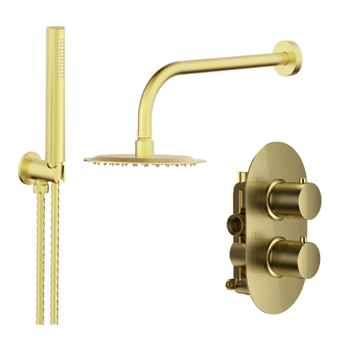 Brushed Brass Round Concealed Shower With Arm & Shower Head & Handset Kit