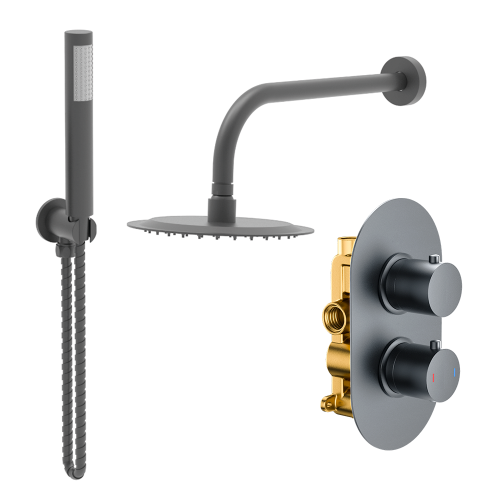 Gunmetal Round Concealed Shower With Arm & Shower Head & Handset Kit