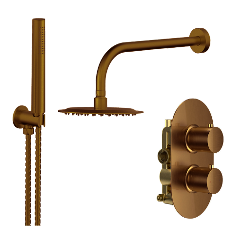Brushed Bronze Round Concealed Shower With Arm & Shower Head & Handset Kit