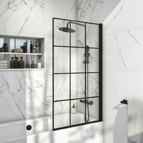 Grid Black Square Hinged Bath Screen 800mm x1400mm x 6mm