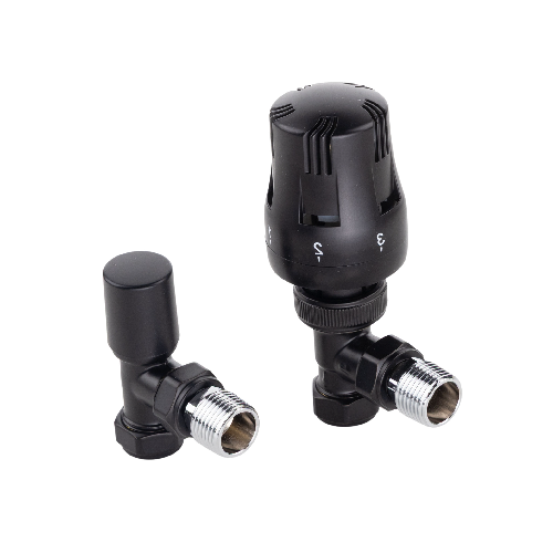 Essentials Black Angled Thermostatic Radiator Valves (Pair)
