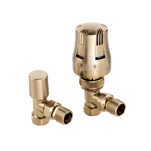 Essentials Brushed Brass Angled Thermostatic Radiator Valves (Pair)