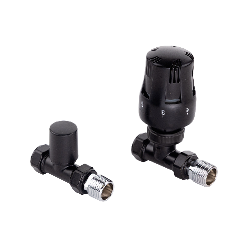 Essentials Black Straight Thermostatic Radiator Valves (Pair)
