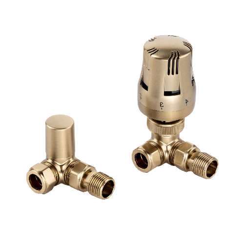 Essentials Brushed Brass Corner Thermostatic Radiator Valves (Pair)