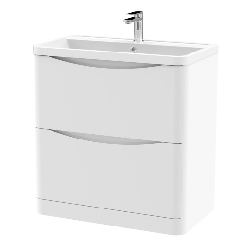 Nuie Lunar Satin White 800mm Floor Standing 2 Drawer Vanity Unit & Polymarble Basin
