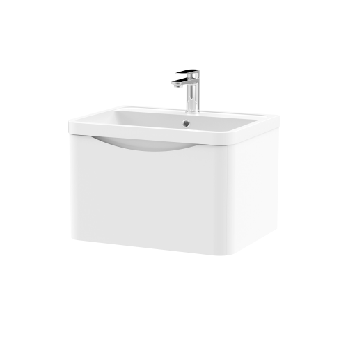 Nuie Lunar Satin White 600mm Wall Hung 1 Drawer Vanity Unit & Polymarble Basin