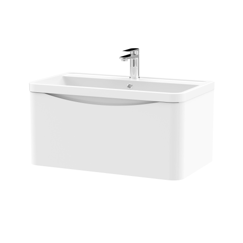 Nuie Lunar Satin White 800mm Wall Hung 1 Drawer Vanity Unit & Polymarble Basin