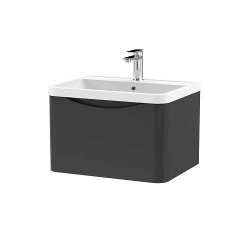 Nuie Lunar Soft Black 600mm Wall Hung 1 Drawer Vanity Unit & Polymarble Basin