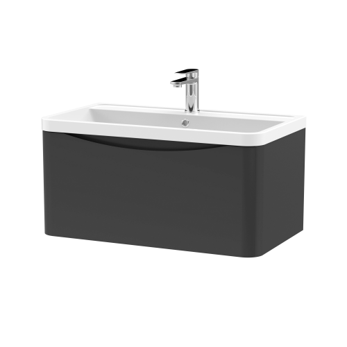 Nuie Lunar Soft Black 800mm Wall Hung 1 Drawer Vanity Unit & Polymarble Basin