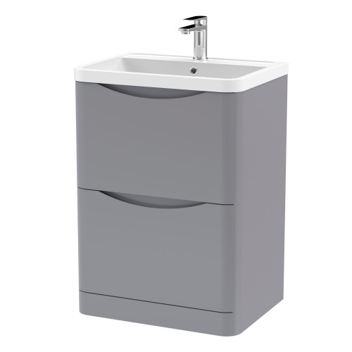 Nuie Lunar Satin Grey 600mm Floor Standing 2 Drawer Unit & Polymarble Basin