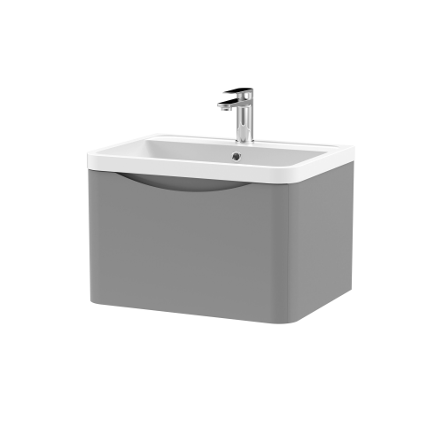 Nuie Lunar Satin Grey 600mm Wall Hung 1 Drawer Vanity Unit & Polymarble Basin
