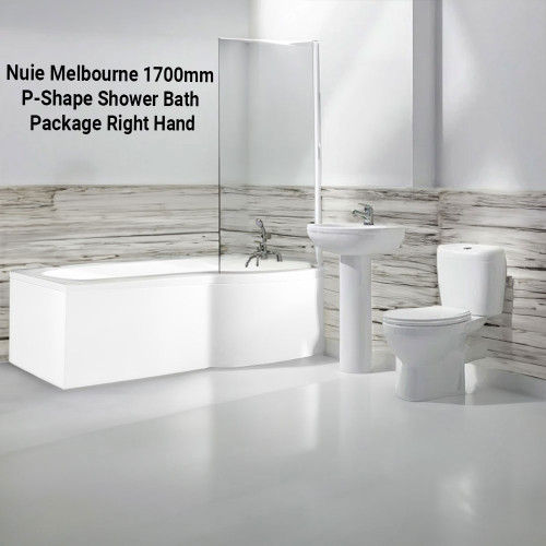 Nuie Melbourne 1700mm P-Shape Shower Bath Package Right Hand