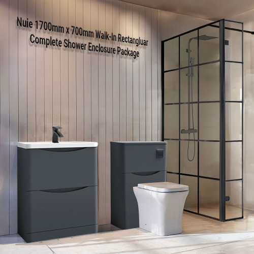 Nuie Black Fraimed 1700mm x 700mm Walk-In Rectangluar Complete Shower Enclosure Package
