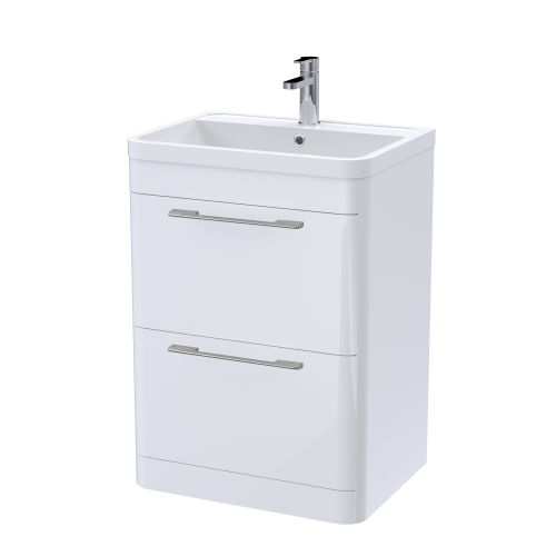 Roma 600mm White Gloss Floor Standing Cabinet & Polymarble Basin (Chrome Handles)