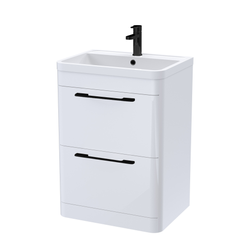 Roma 600mm White Gloss Floor Standing Cabinet & Polymarble Basin (Matt Black Handles)