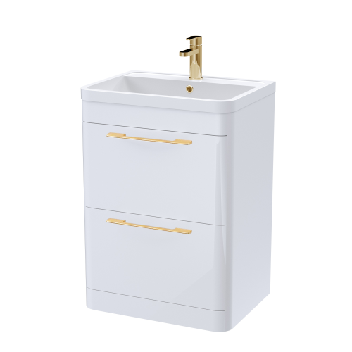Roma 600mm White Gloss Floor Standing Cabinet & Polymarble Basin (Brushed Brass Handles)