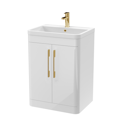 Roma 600mm White Gloss Floor Standing 2 Door Cabinet & Polymarble Basin (Brushed Brass Handles)