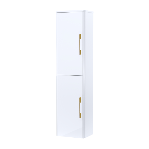 Roma 350mm x 1400mm White Gloss Wall Mounted Cabinet (Brussed Brass Handles)
