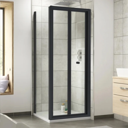 Kristal Matt Black 900mm Bi-Fold Door & 900mm Side Panel Enclosure Package With Tray & Waste
