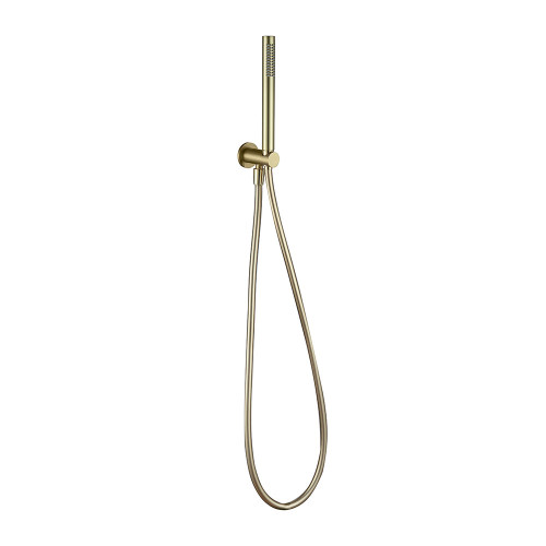 Round Brushed Brass Shower Handset, PVC Hose & Wall Bracket with Integrated Wall Elbow