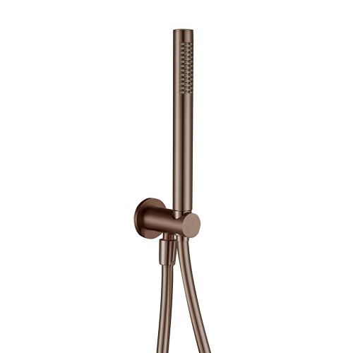 Round Brushed Bronze Shower Handset, PVC Hose & Wall Bracket with Integrated Wall Elbow