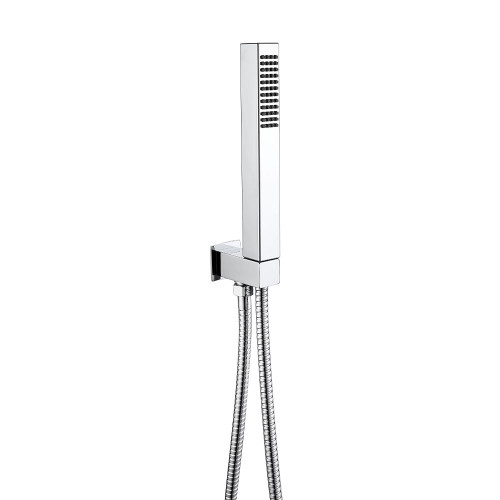 Square Chrome Shower Handset, PVC Hose & Wall Bracket with Integrated Wall Elbow