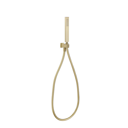Square Brushed Brass Shower Handset, PVC Hose & Wall Bracket with Integrated Wall Elbow