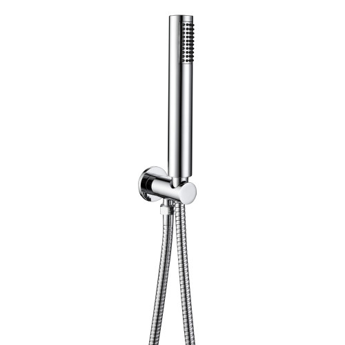 Round Chrome Shower Handset, PVC Hose & Wall Bracket with Integrated Wall Elbow