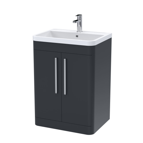 Roma 600mm Soft Black Floor Standing 2 Door Cabinet & Polymarble Basin