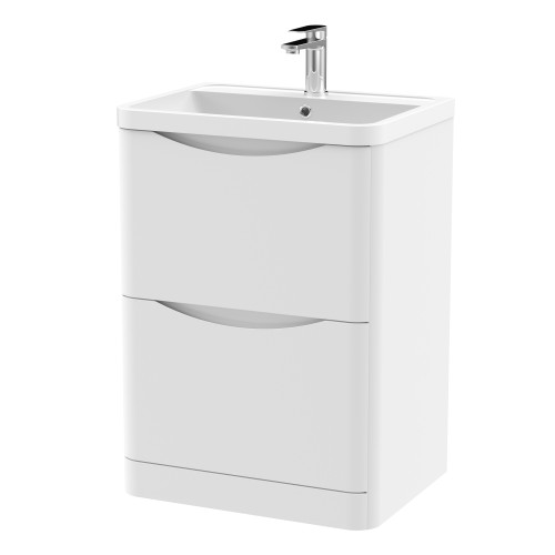 Nuie Lunar Satin White 600mm Floor Standing 2 Drawer Vanity Unit & Polymarble Basin