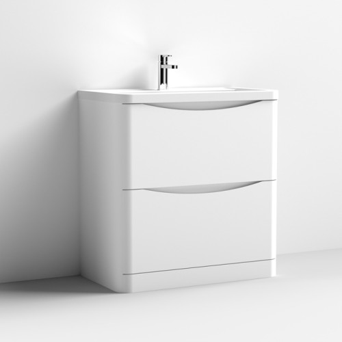 Nuie Lunar Satin White 800mm Floor Standing 2 Drawer Vanity Unit & Polymarble Basin