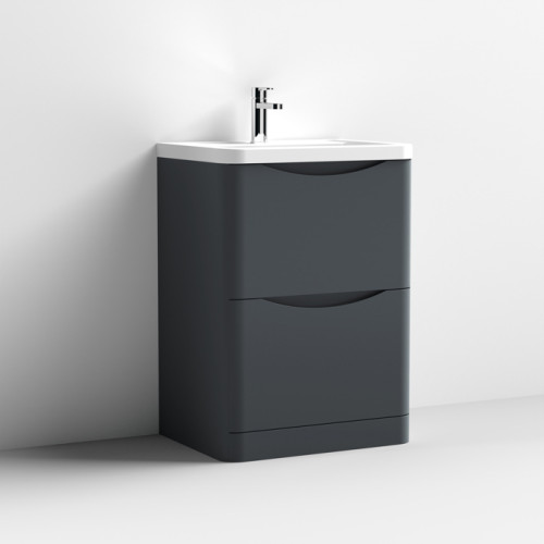 Nuie Lunar Soft Black 600mm Floor Standing 2 Drawer Unit & Polymarble Basin