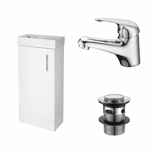 Vault 400mm White Floor Standing Compact Vanity Unit, Basin & J-Dallas Tap