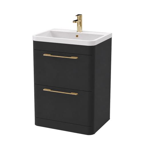 Roma 600mm Anthracite Gloss Floor Standing Cabinet & Polymarble Basin (Brushed Brass Handles)