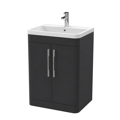Roma 600mm Anthracite Gloss Floor Standing 2 Door Cabinet & Polymarble Basin (Chrome Handles)