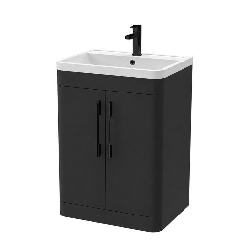 Roma 600mm Anthracite Gloss Floor Standing 2 Door Cabinet & Polymarble Basin (Matt Black Handles)